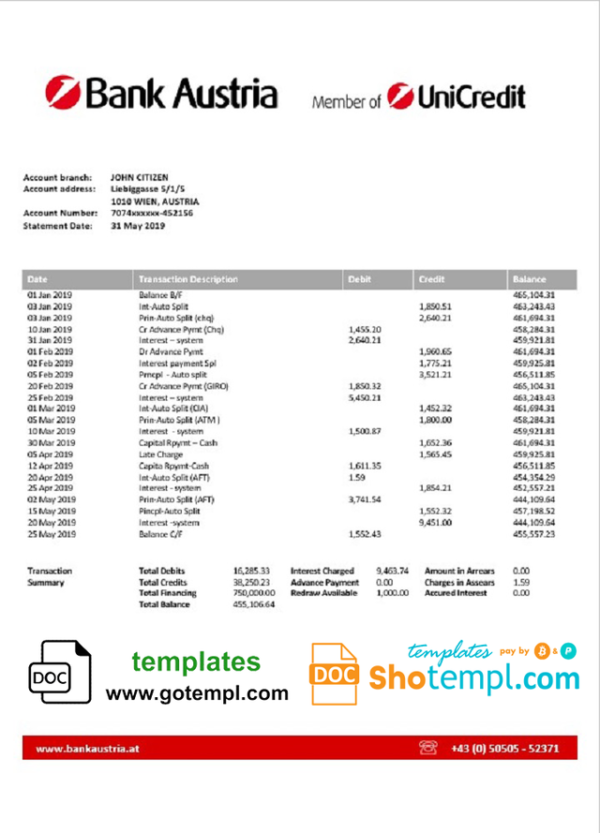 editable template, Austria Bank Austria bank statement template in Word and PDF format, .doc and .pdf format