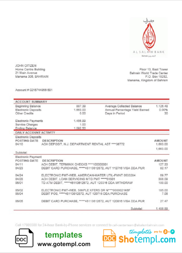 editable template, Bahrain Al Salam Bank proof of address statement template in Word and PDF format
