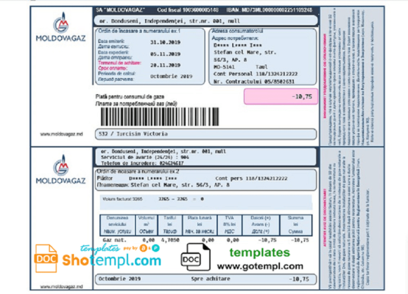 editable template, Moldova Moldovagaz utility bill template in Word and PDF format