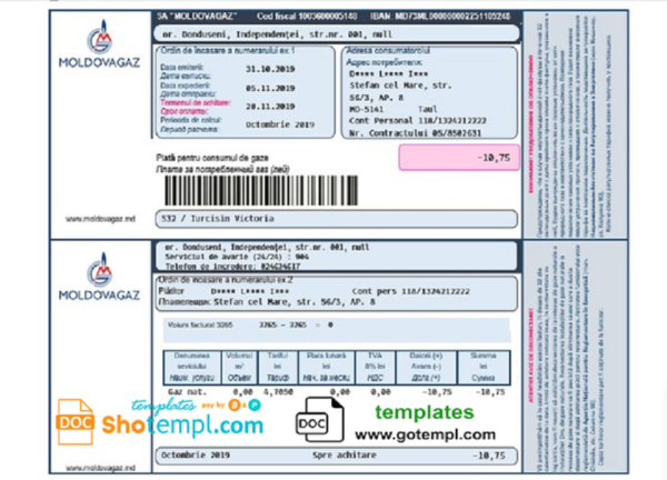 editable template, Moldova Moldovagaz utility bill template in Word and PDF format