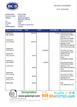 editable template, Burundi Credit Bank of Bujumbura bank statement template in Word and PDF format, good for address prove