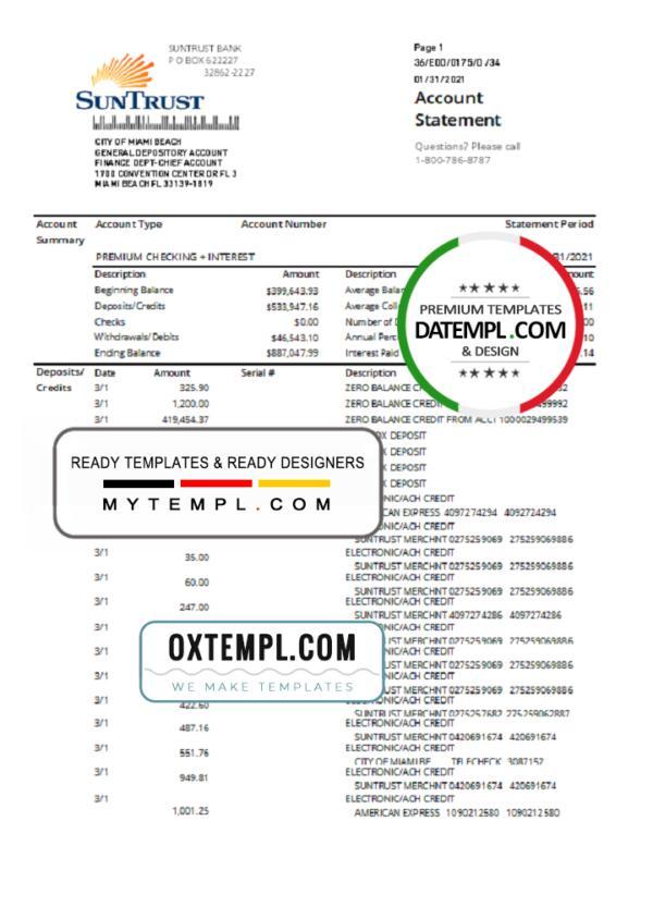 editable template, USA SunTrust bank proof of address statement template in .xls and .pdf format