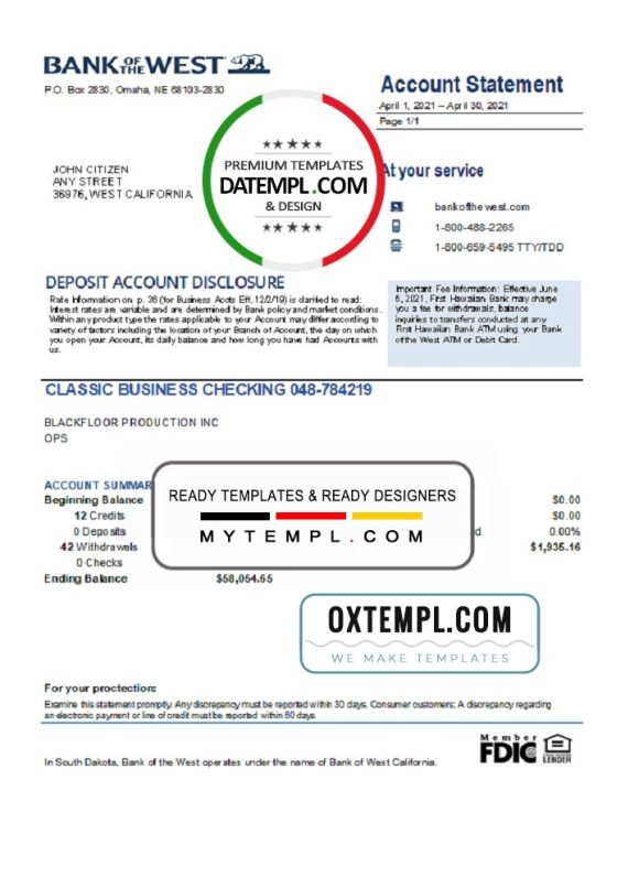 editable template, USA Bank of the West bank statement easy to fill template in Excel and PDF format