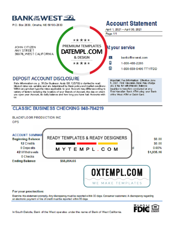 editable template, USA Bank of the West bank statement easy to fill template in Excel and PDF format