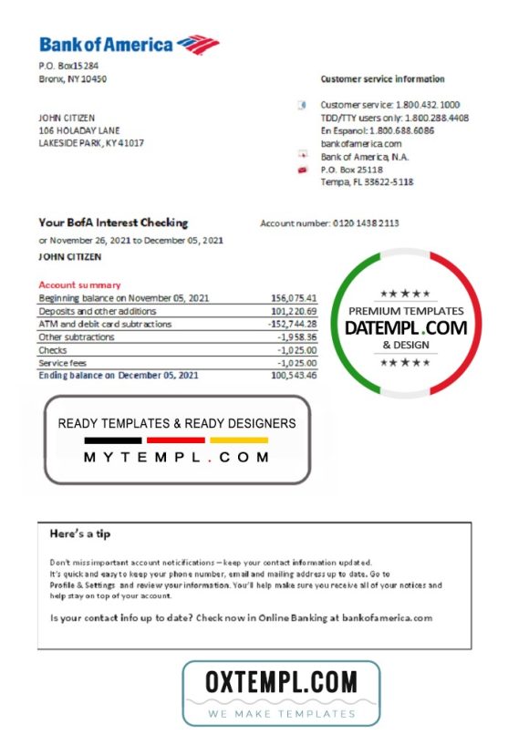 editable template, USA Bank of America bank statement easy to fill template in .xls and .pdf file format