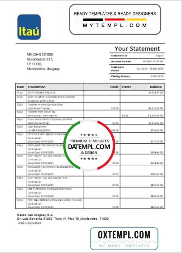 editable template, Uruguay Itau bank statement template in Word and PDF format