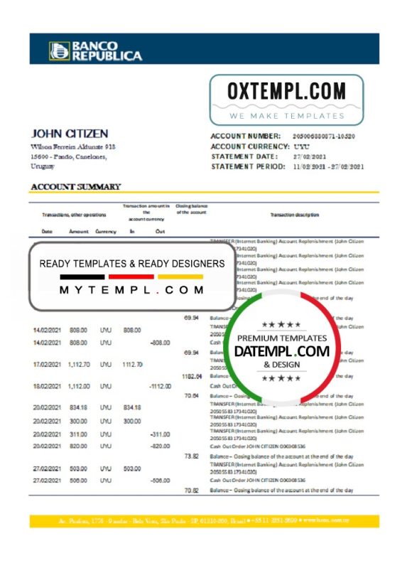 editable template, Uruguay Banco De La Republica Oriental Del Uruguay bank statement template in .xls and .pdf file format