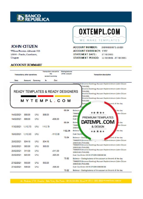 editable template, Uruguay Banco De La Republica Oriental Del Uruguay bank statement template in .xls and .pdf file format
