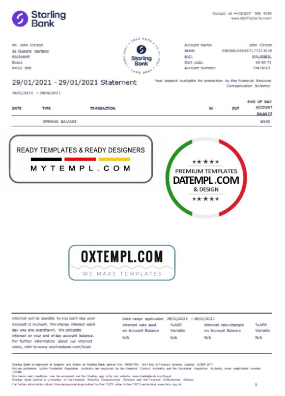 editable template, United Kingdom Starling bank statement template in Word and PDF format, good for address prove