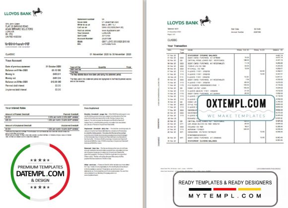 editable template, United Kingdom Lloyds bank statement template in Word and PDF format, good for address prove (2 pages)