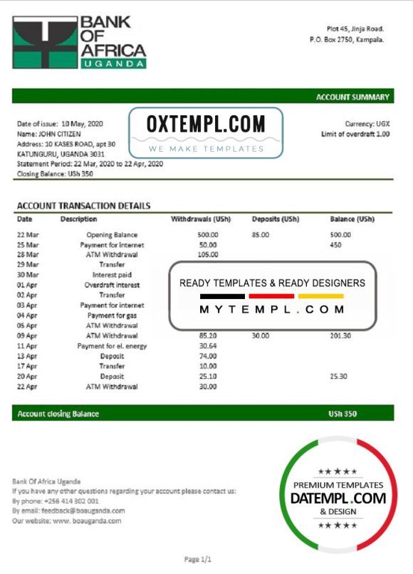 editable template, Uganda Bank of Africa proof of address bank statement template in Word and PDF format