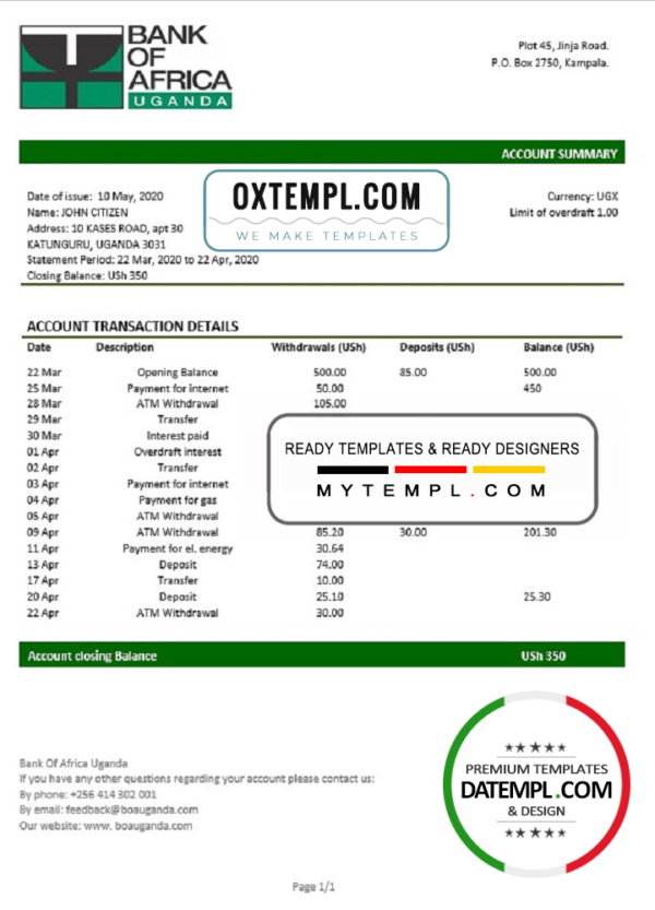 editable template, Uganda Bank of Africa proof of address bank statement template in Word and PDF format