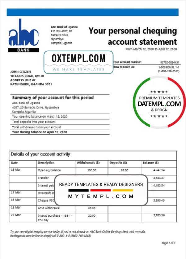 editable template, Uganda ABC Bank of Uganda proof of address bank statement template in Word and PDF format (.doc and .pdf)