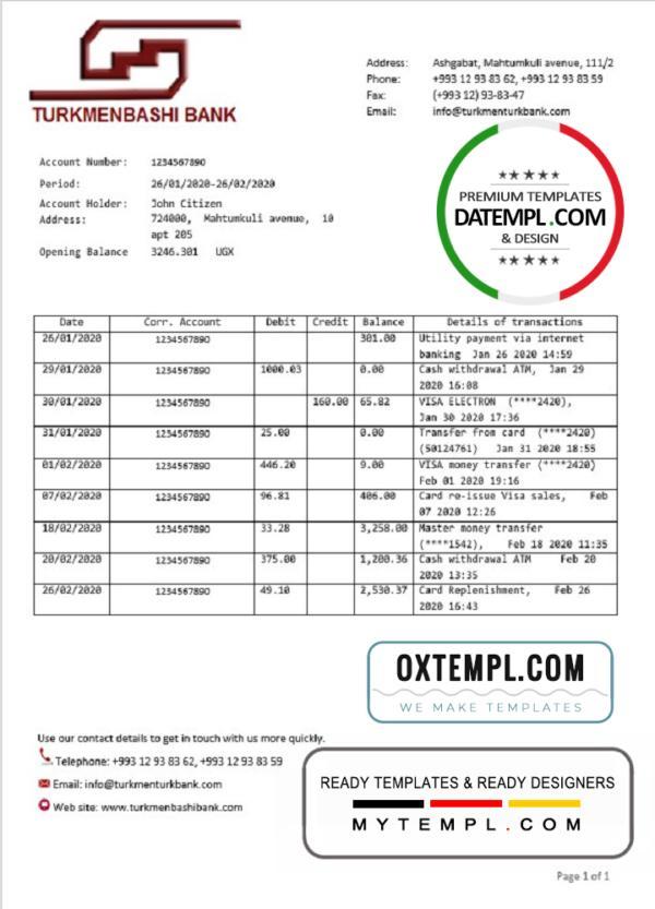 editable template, Turkmenistan Turkmenbashi Bank statement template, Word and PDF format (.doc and .pdf)