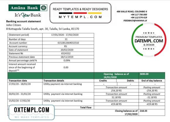 editable template, Sri Lanka Amana bank proof of address statement template in Word and PDF format