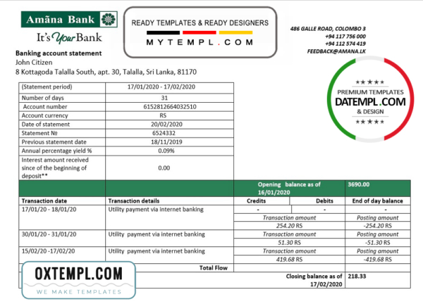editable template, Sri Lanka Amana bank proof of address statement template in Word and PDF format