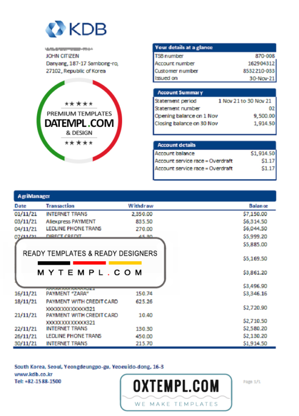 editable template, South Korea KDB bank statement easy to fill template in Excel and PDF format