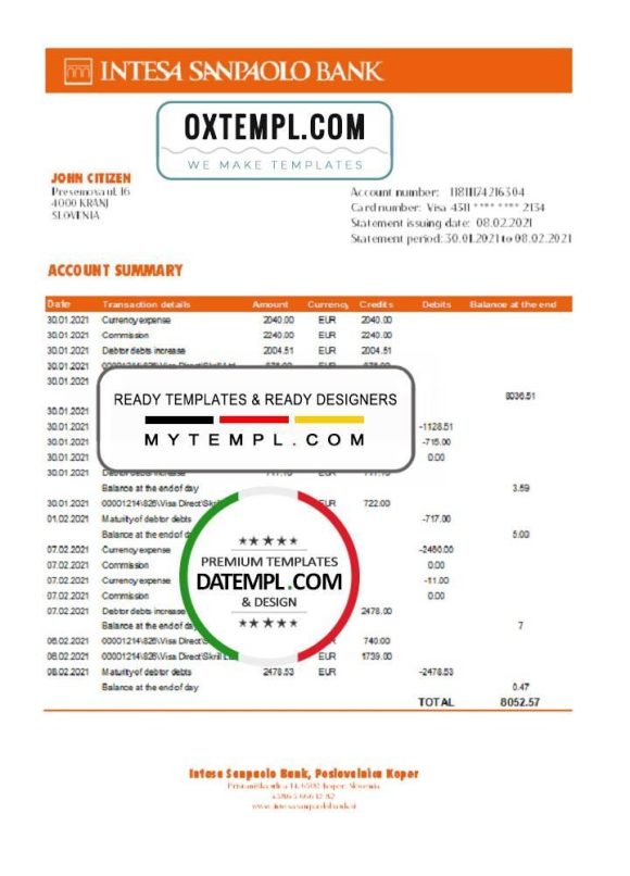 editable template, Slovenia Intesa Sanpaolo Bank, Poslovalnica Koper bank statement easy to fill template in .xls  and .pdf file format