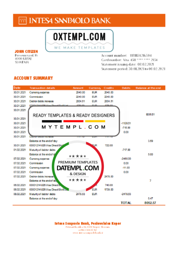 editable template, Slovenia Intesa Sanpaolo Bank, Poslovalnica Koper bank statement easy to fill template in .xls  and .pdf file format