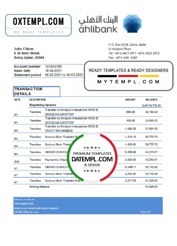 editable template, Qatar Ahlibank statement easy to fill template in Excel and PDF format