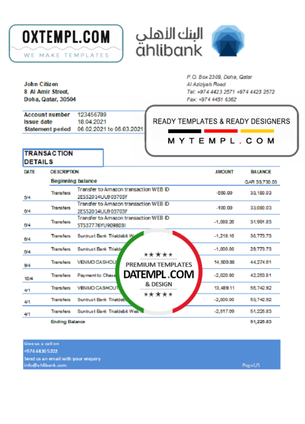 editable template, Qatar Ahlibank statement easy to fill template in Excel and PDF format