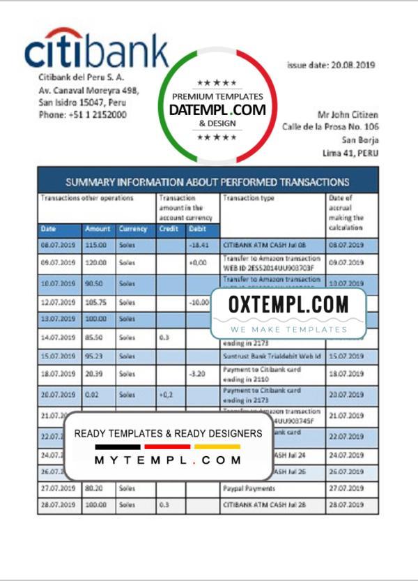 editable template, Peru Citibank bank statement easy to fill template in Word and PDF format