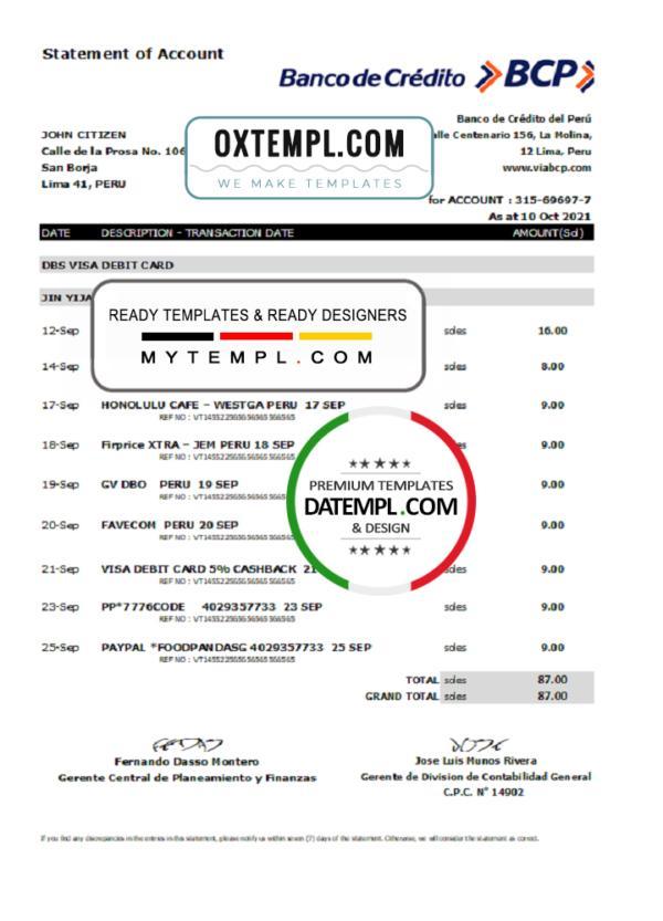 editable template, Peru Banco de Credito del Peru (BCP) bank statement easy to fill template in Excel and PDF format