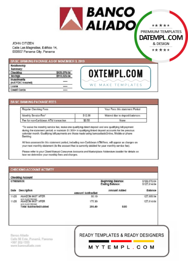 editable template, Panama Banco Aliado bank statement template, Word and PDF format (.doc and .pdf)