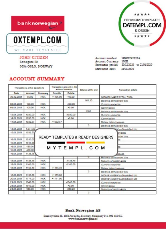 editable template, Norway Bank Norwegian AS bank statement easy to fill template in Word and PDF format