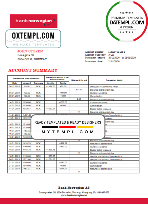 editable template, Norway Bank Norwegian AS bank statement easy to fill template in Word and PDF format