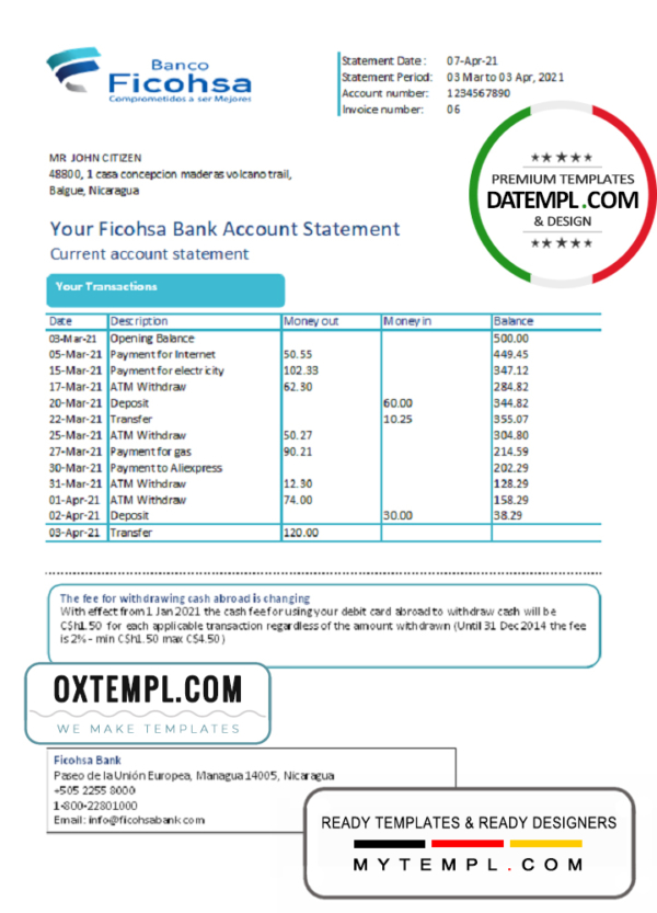 editable template, Nicaragua Banco Ficohsa bank statement easy to fill template in Excel and PDF format