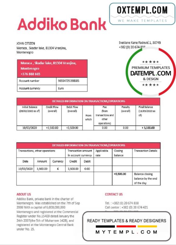 editable template, Montenegro Addiko Bank proof of address statement template in Word and PDF format, .doc and .pdf format