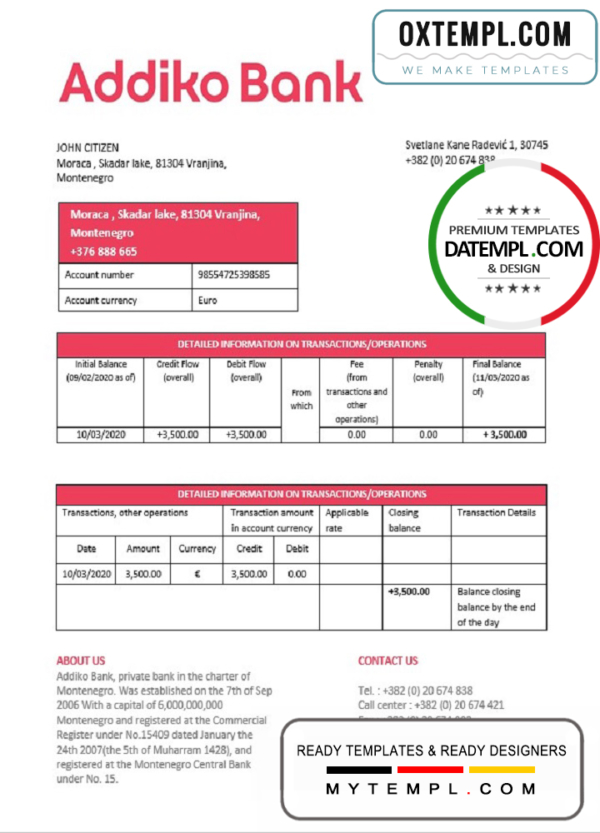 editable template, Montenegro Addiko Bank proof of address statement template in Word and PDF format, .doc and .pdf format