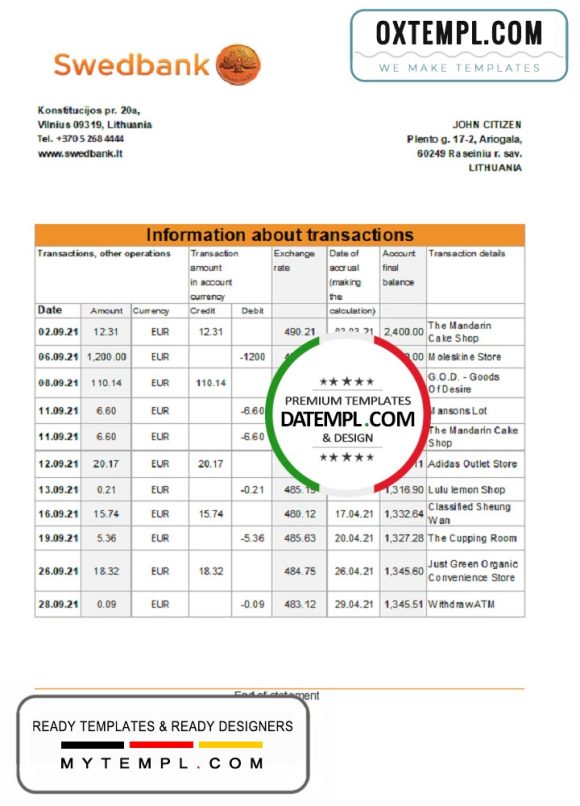 editable template, Lithuania Swedbank bank statement easy to fill template in .xls and .pdf file format