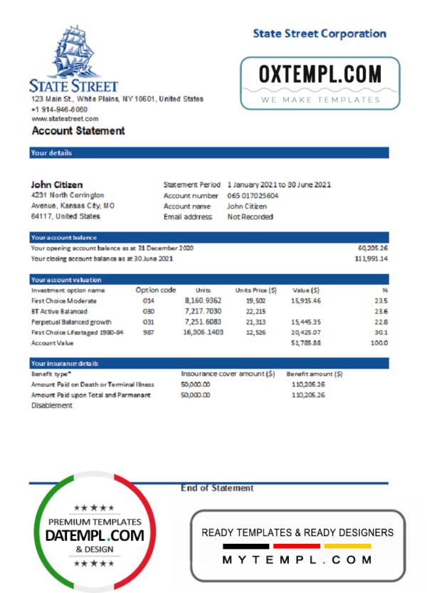 editable template, USA State Street Corporation bank statement template in Excel and PDF format
