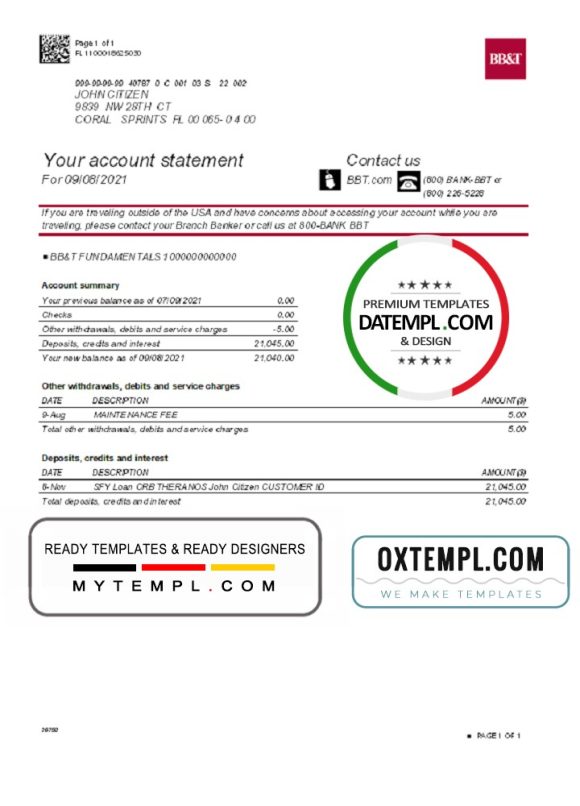 editable template, USA North Carolina BB&T Corp. bank account statement template in Excel and PDF format