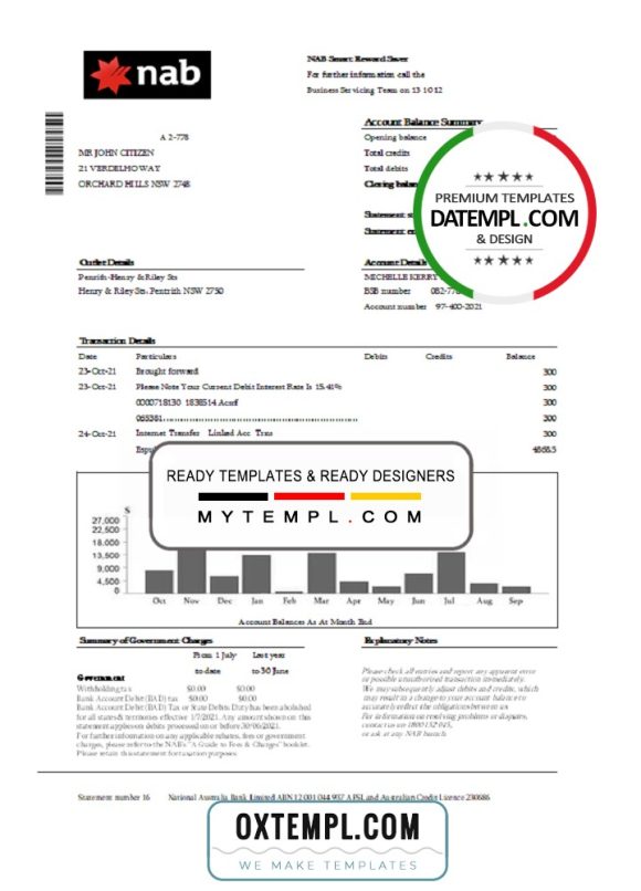 editable template, USA NAB Bank statement template in .xls and .pdf file format