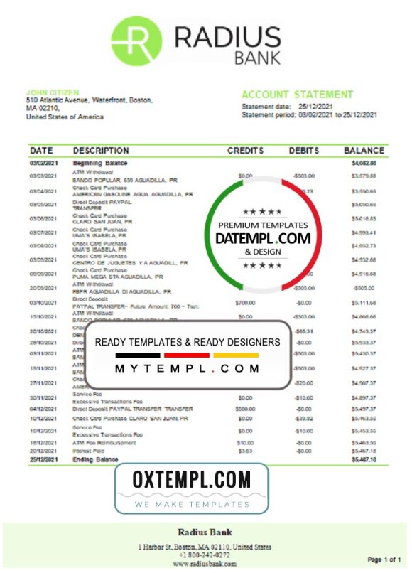 editable template, USA Massachusetts Radius Bank statement easy to fill template in Excel and PDF format