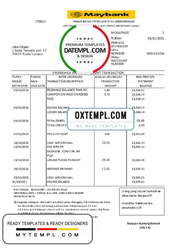 editable template, Malaysia Maybank bank statement easy to fill template in .xls and .pdf file format