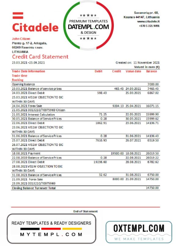 editable template, Lithuania (Litva) Citadele bank credit card statement easy to fill template in Excel and PDF format