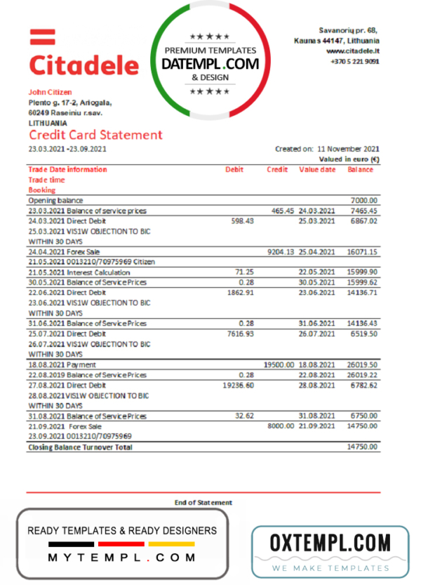 editable template, Lithuania (Litva) Citadele bank credit card statement easy to fill template in Excel and PDF format