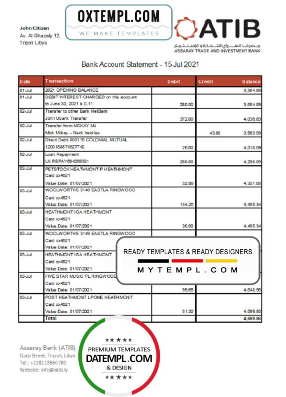 editable template, Libya Assaray Bank (ATIB) statement easy to fill template in Excel and PDF format