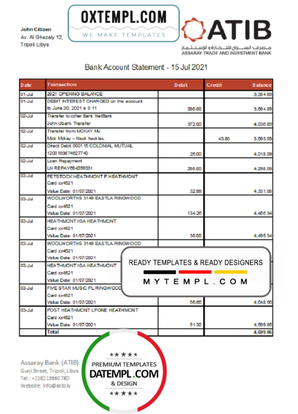 editable template, Libya Assaray Bank (ATIB) statement easy to fill template in Excel and PDF format