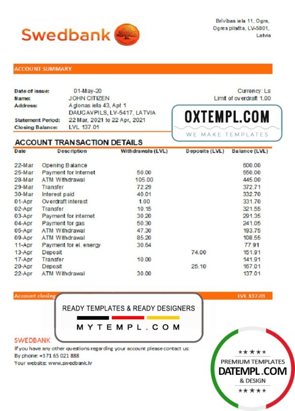 editable template, Latvia Swedbank bank statement easy to fill template in .xls and .pdf file format