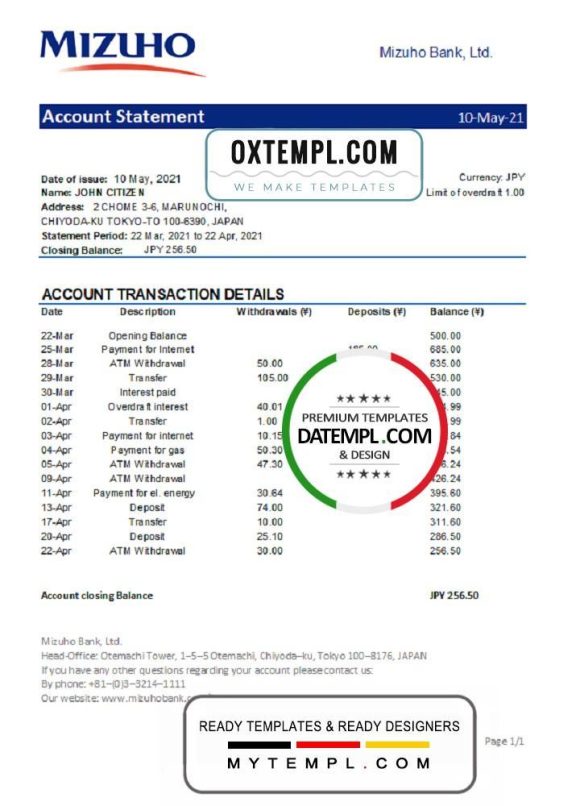 editable template, Japan Mizuho bank statement template in .xls and .pdf file format