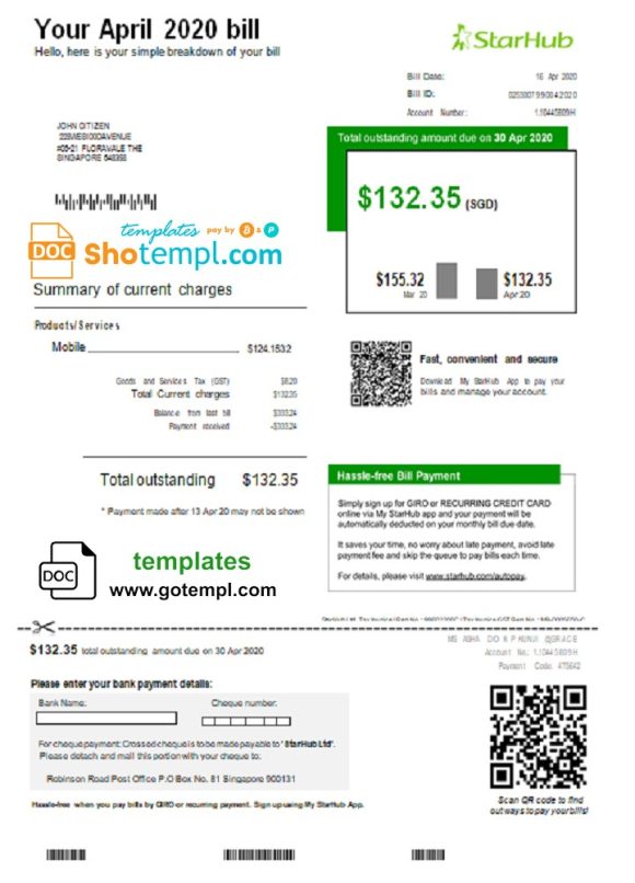 editable template, Singapore StarHub utility bill template in Word and PDF format