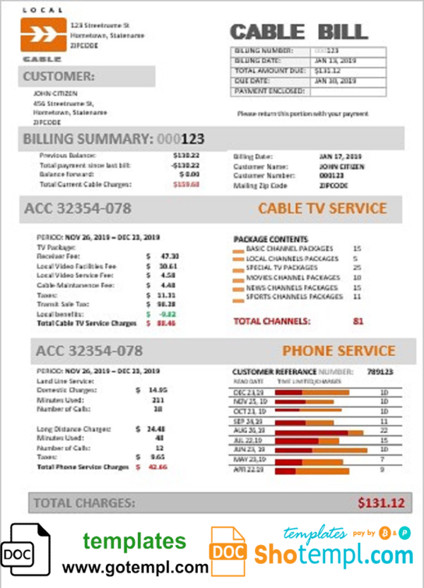 editable template, USA Marine Local Cable utility bill template in Word and PDF format (.doc and .pdf)