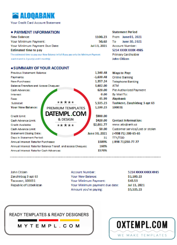 editable template, Uzbekistan Aloqabank Bank statement easy to fill template in .xls and .pdf file format