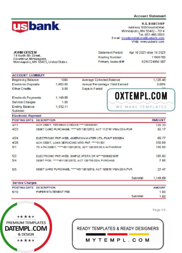 editable template, USA Bancorp bank statement easy to fill template in .xls and .pdf file format