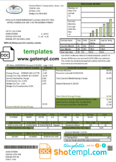 editable template, USA Kansas Victory Electric utility bill template in Word and PDF format